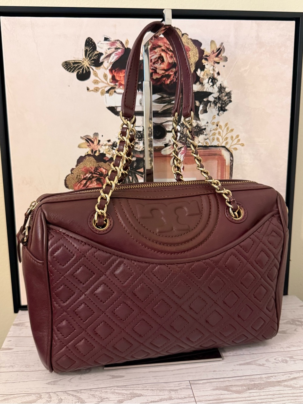 Tory Burch Fleming Quilted Satchel in Burgundy Excellent Used Condition